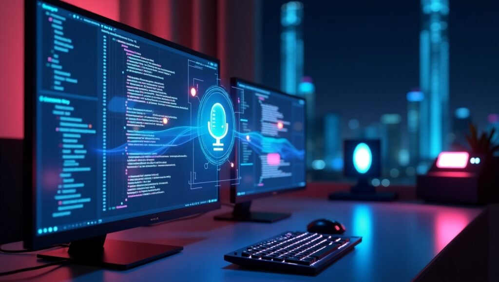 Emerging Technology image with futuristic implementation of code to computer understanding language