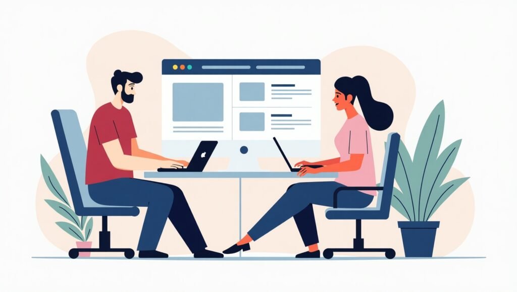 Illustration of diverse users accessing a website with screen readers, keyboard navigation, and high contrast, promoting Inclusive Web Design best practices.