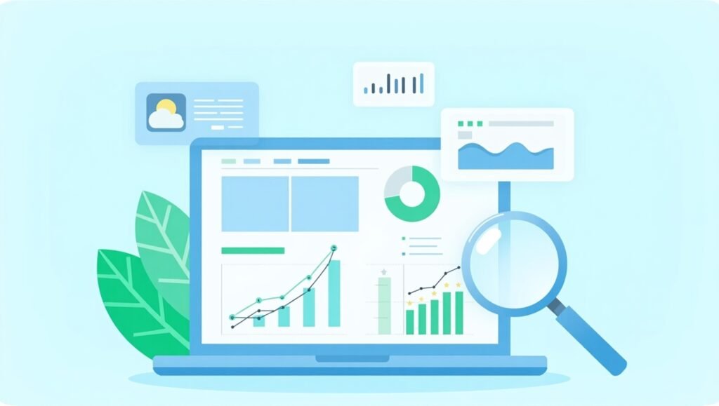 Illustration of a modern workspace with a laptop displaying analytics and keyword research, rising traffic charts, and SEO icons like a magnifying glass and search results boxes on a clean blue-and-white background.