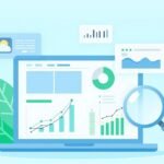 Illustration of a modern workspace with a laptop displaying analytics and keyword research, rising traffic charts, and SEO icons like a magnifying glass and search results boxes on a clean blue-and-white background.