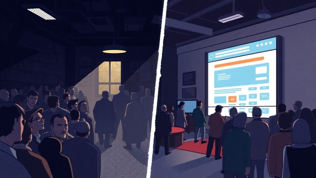 A split-scene illustration: on the left, a dim, cluttered room of people with cold, unfriendly expressions; on the right, a bright, modern User Friendly Website interface with clean lines, ample white space, vibrant accents, clear navigation bars, and intuitive icons, highlighting the contrast between outdated UI/UX and a welcoming User Friendly Website.