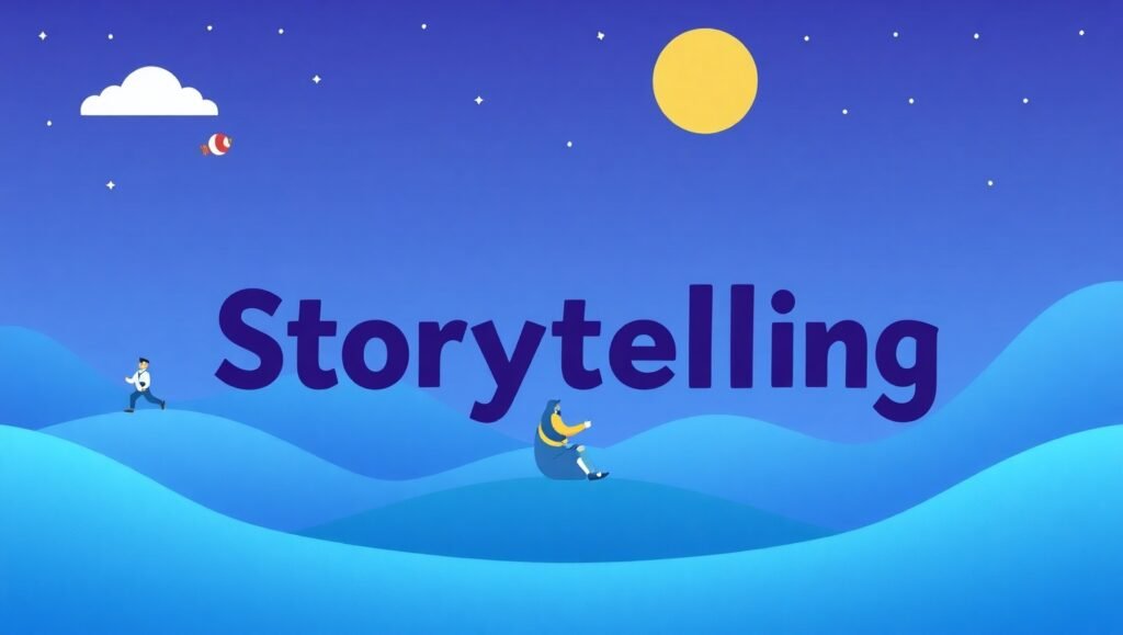 Illustration depicting Visual Storytelling with animated characters moving through a stylized landscape and large bold text reading Storytelling