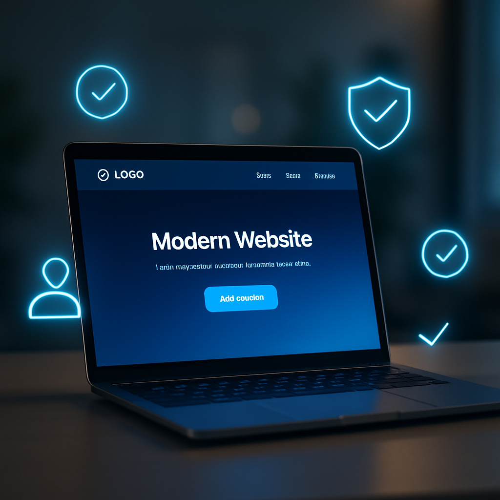 Sleek laptop screen showing a modern homepage with trust symbols around it, reinforcing brand credibility.