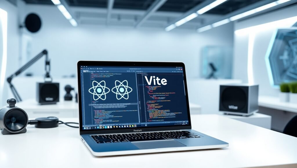 React Vite setup displayed on a laptop screen in a modern development workspace