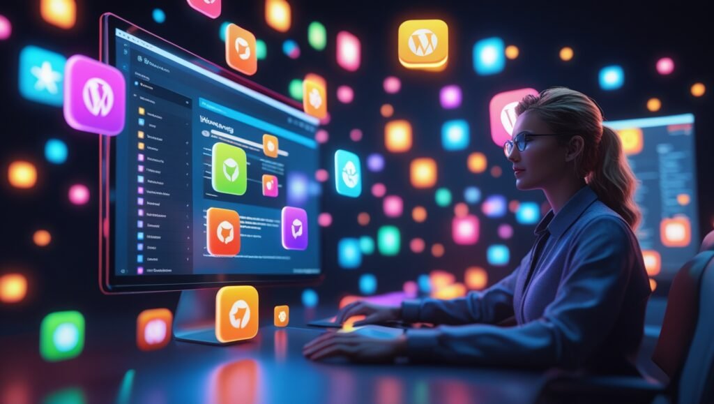 Modern WordPress dashboard showing key WordPress plugins icons for SEO, speed, and security.
