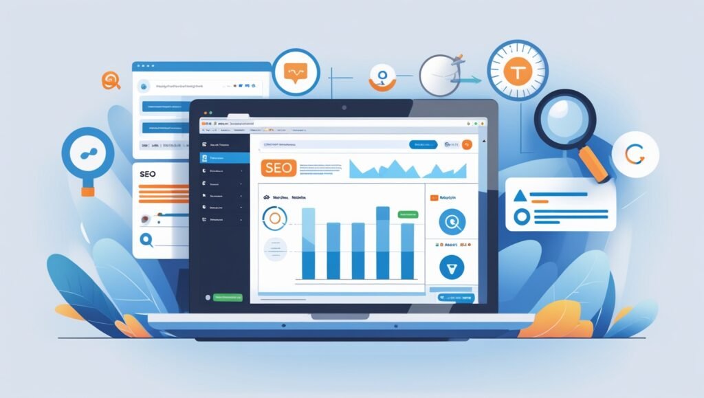 Illustration of WordPress dashboard with SEO tools and graphs, representing WordPress SEO optimization.