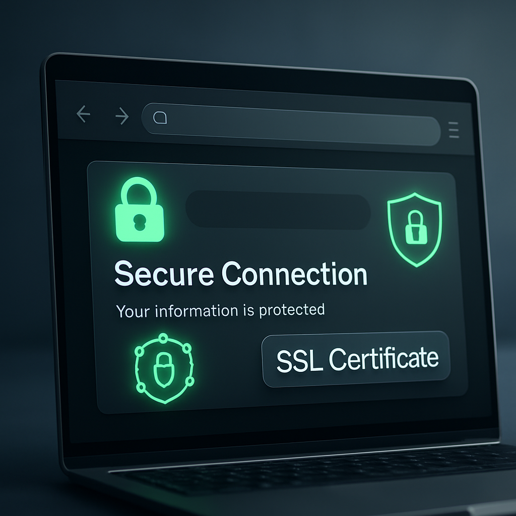 Laptop screen showing a secure website with a green padlock icon and SSL certificates badge, symbolizing trust and online protection.