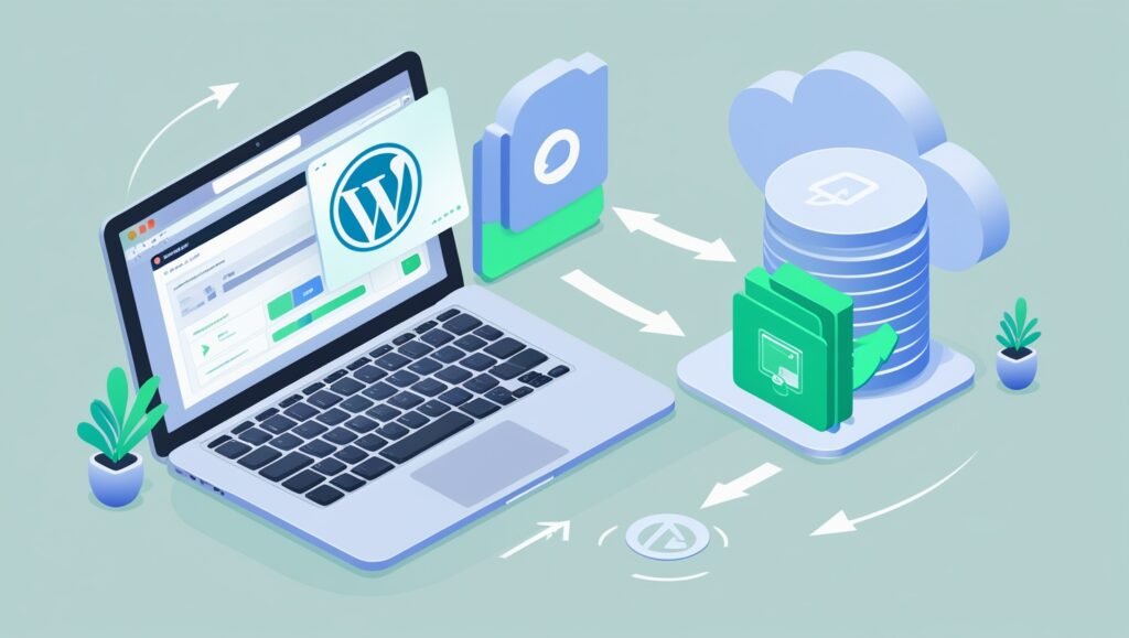 Illustration of WordPress deployment: laptop migrating site files and database to a cloud server