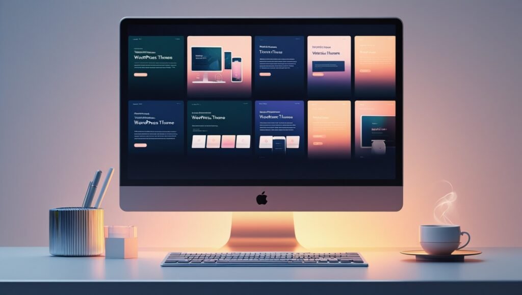 Illustration of a user selecting a WordPress theme with layout previews on a screen
