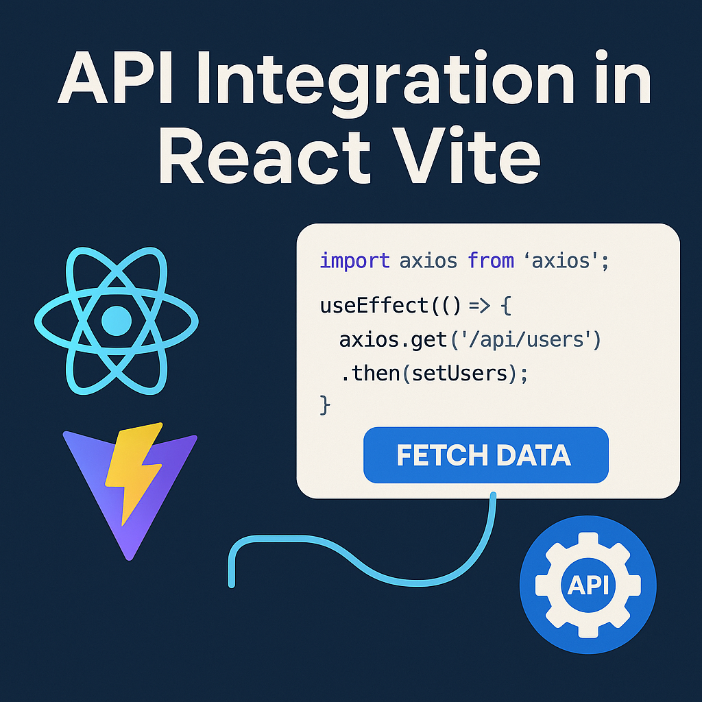 A modern flat-style illustration showcasing API integration in React Vite, featuring the React and Vite logos, a code snippet using axios to fetch user data, a blue 'FETCH DATA' button, and an API gear icon connected by a curved arrow, all set against a dark background