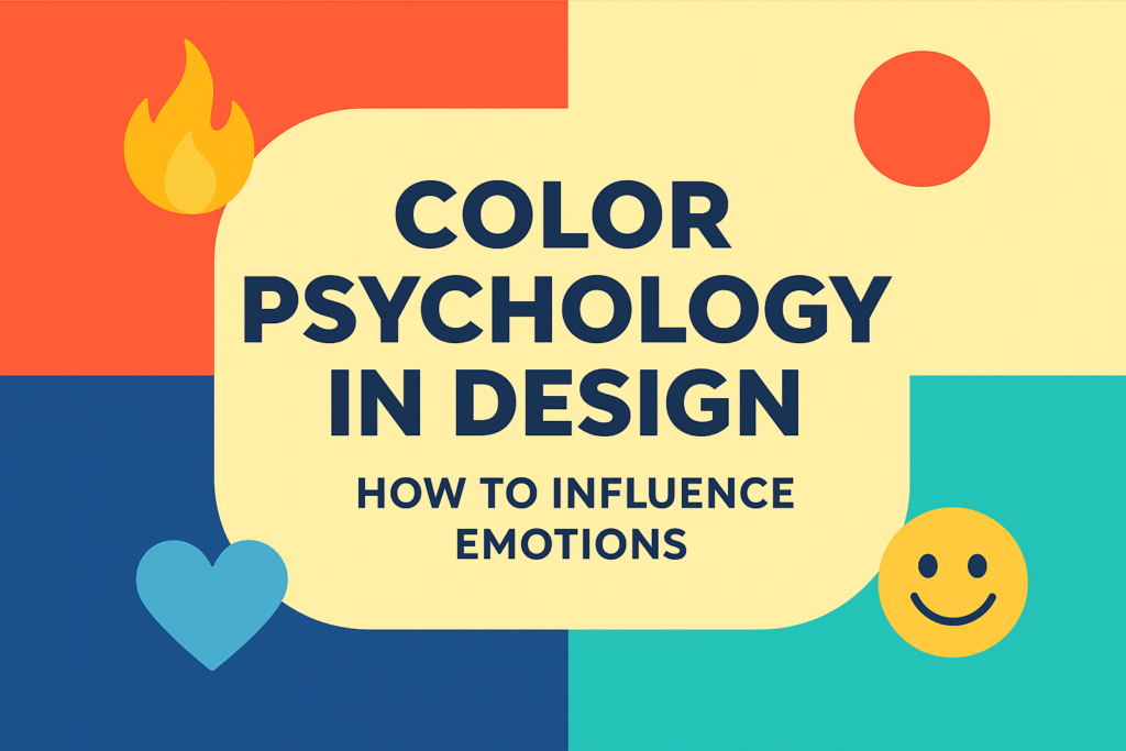 Color Psychology in Design – How to Influence Emotions, featuring bold typography with colorful icons including a flame, heart, sun, and smiley face on a multicolored background