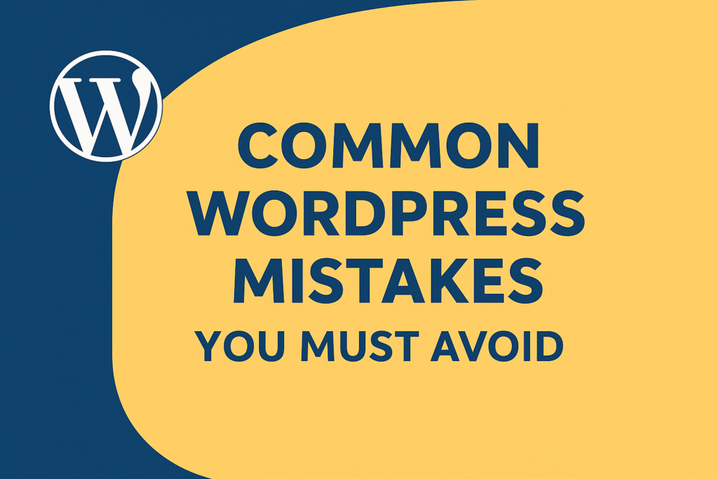 Illustration highlighting Common WordPress Mistakes with icons of errors, broken settings, and caution signs in a digital design style