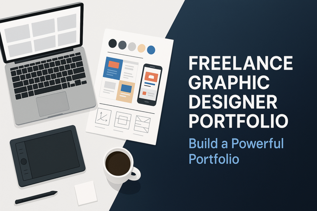 Freelance Graphic Designer Portfolio — flat illustration of a laptop, tablet, and design mockups on a desk with the headline ‘Build a Powerful Portfolio