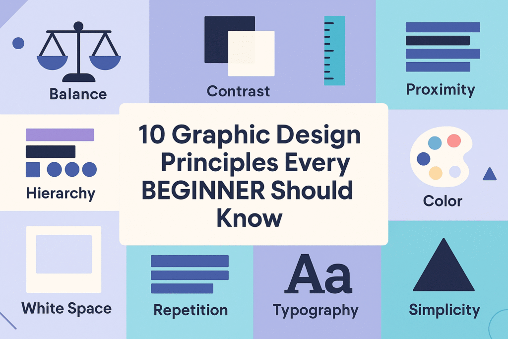 10 graphic design principles with icons Balance, Contrast, Alignment, Hierarchy, Proximity, White Space, Repetition, Color, Typography, Simplicity.