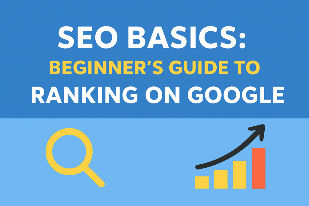 SEO Basics illustrated concept showing beginners guide to ranking on Google with digital marketing and search engine graphics.