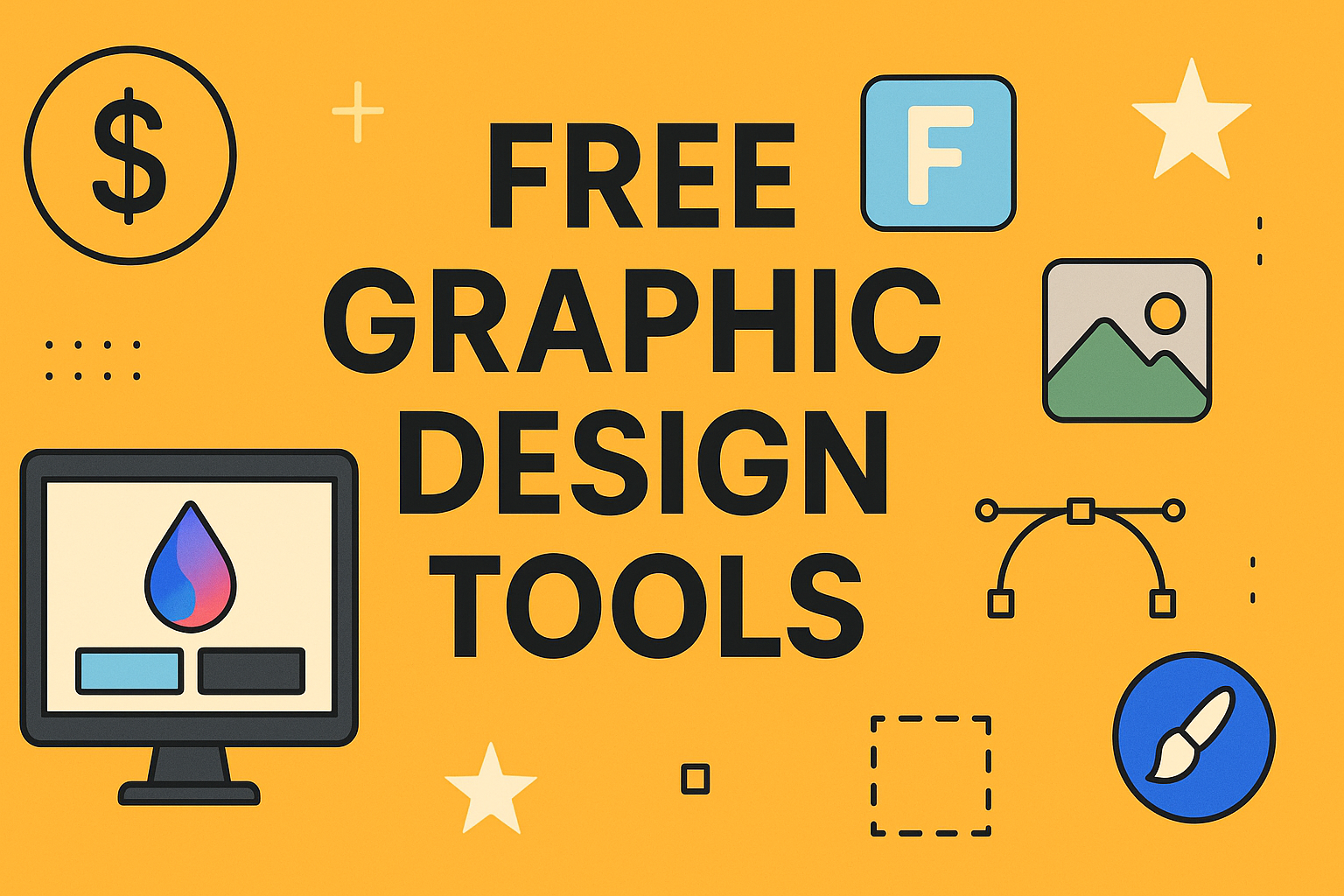 A flat-style digital banner with a bright yellow-orange background featuring the bold black text “FREE GRAPHIC DESIGN TOOLS” in the center. Surrounding the headline are colorful icons representing creative software, including a computer monitor with a gradient drop icon, a blue “F” app icon, a mountain landscape image icon, a vector path editing icon, a paintbrush icon, and decorative stars and shapes, symbolizing the variety of free graphic design tools available.