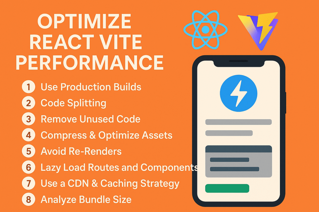 Infographic highlighting eight strategies to optimize React Vite performance, featuring a smartphone illustration, React and Vite logos, and tips like code splitting, asset compression, and lazy loading—all set against a bright orange background
