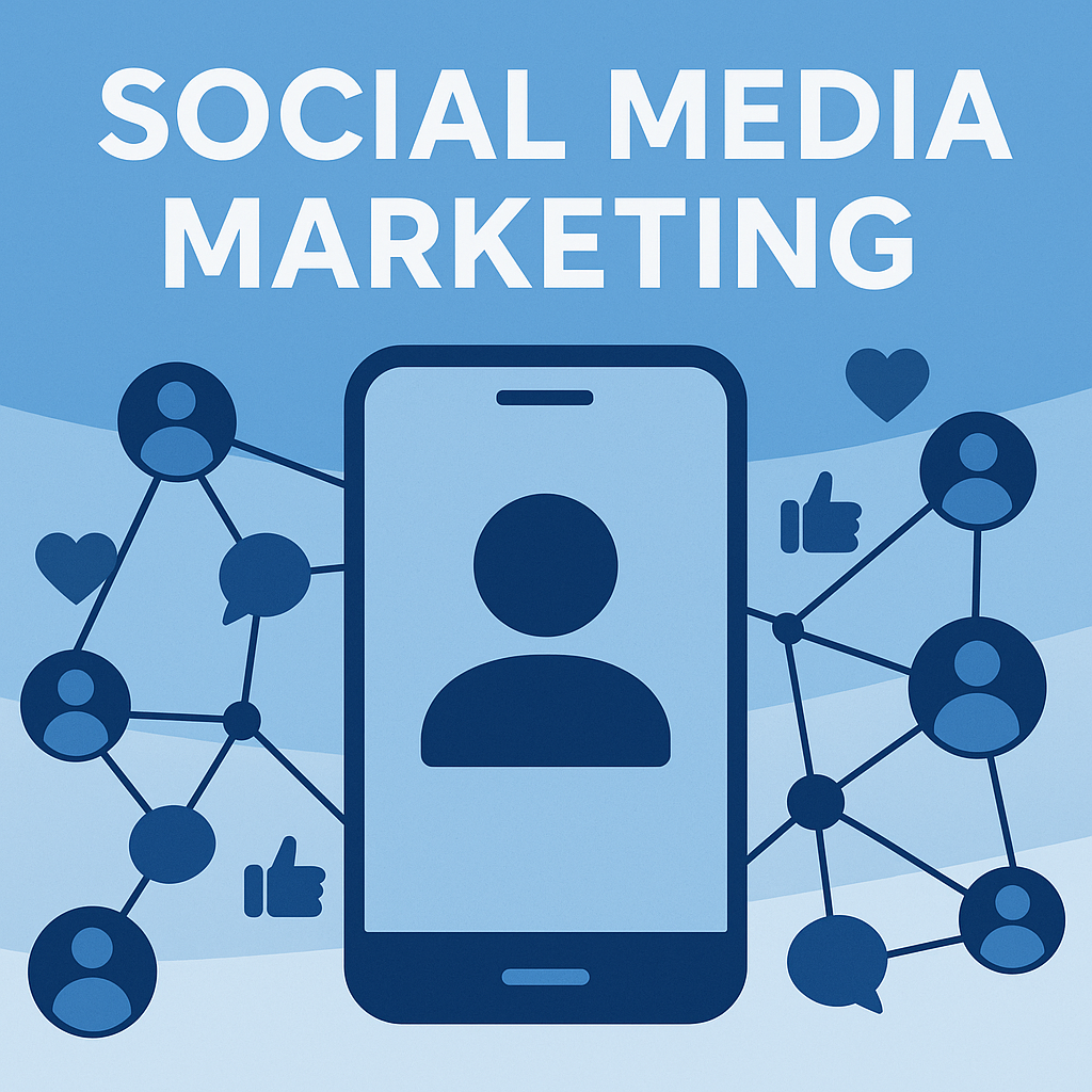 Social Media Marketing featured image showing a smartphone surrounded by connected user icons, likes, and hearts to represent building a loyal audience.