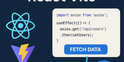 A modern flat-style illustration showcasing API integration in React Vite, featuring the React and Vite logos, a code snippet using axios to fetch user data, a blue 'FETCH DATA' button, and an API gear icon connected by a curved arrow, all set against a dark background