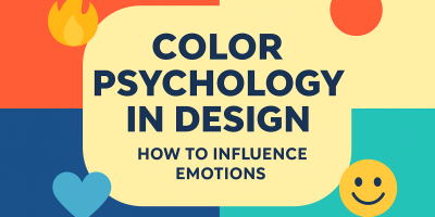 Color Psychology in Design – How to Influence Emotions, featuring bold typography with colorful icons including a flame, heart, sun, and smiley face on a multicolored background