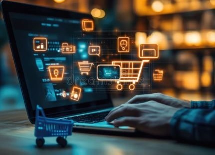 Digital marketplace experience_ online shopping, virtual orders, mobile app, laptop comm