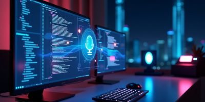 Emerging Technology image with futuristic implementation of code to computer understanding language