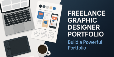 Freelance Graphic Designer Portfolio — flat illustration of a laptop, tablet, and design mockups on a desk with the headline ‘Build a Powerful Portfolio