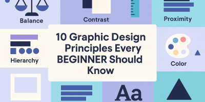 10 graphic design principles with icons Balance, Contrast, Alignment, Hierarchy, Proximity, White Space, Repetition, Color, Typography, Simplicity.