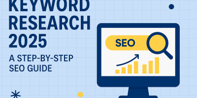 Keyword Research 2025 featured image showing a computer screen with SEO icons, magnifying glass, and growth chart for a step-by-step SEO guide
