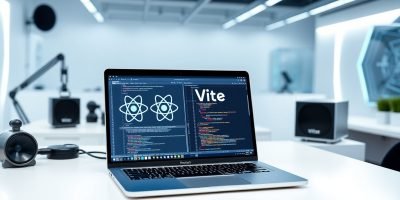 React Vite setup displayed on a laptop screen in a modern development workspace