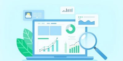 Illustration of a modern workspace with a laptop displaying analytics and keyword research, rising traffic charts, and SEO icons like a magnifying glass and search results boxes on a clean blue-and-white background.