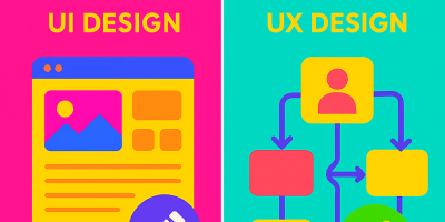 Bright and colorful UI vs UX Design illustration showing interface elements on one side and user flow diagrams on the other