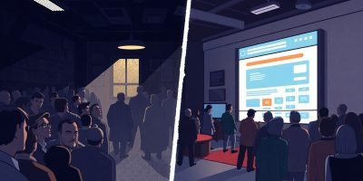 A split-scene illustration: on the left, a dim, cluttered room of people with cold, unfriendly expressions; on the right, a bright, modern User Friendly Website interface with clean lines, ample white space, vibrant accents, clear navigation bars, and intuitive icons, highlighting the contrast between outdated UI/UX and a welcoming User Friendly Website.