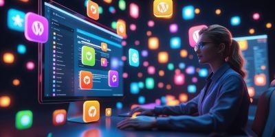 Modern WordPress dashboard showing key WordPress plugins icons for SEO, speed, and security.