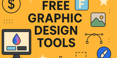 A flat-style digital banner with a bright yellow-orange background featuring the bold black text “FREE GRAPHIC DESIGN TOOLS” in the center. Surrounding the headline are colorful icons representing creative software, including a computer monitor with a gradient drop icon, a blue “F” app icon, a mountain landscape image icon, a vector path editing icon, a paintbrush icon, and decorative stars and shapes, symbolizing the variety of free graphic design tools available.