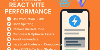 Infographic highlighting eight strategies to optimize React Vite performance, featuring a smartphone illustration, React and Vite logos, and tips like code splitting, asset compression, and lazy loading—all set against a bright orange background