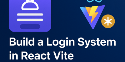 Illustration of a React Login System tutorial using Vite and JWT tokens with logos and login form icon on a dark blue background.