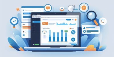 Illustration of WordPress dashboard with SEO tools and graphs, representing WordPress SEO optimization.