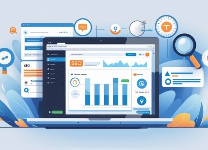 Illustration of WordPress dashboard with SEO tools and graphs, representing WordPress SEO optimization.