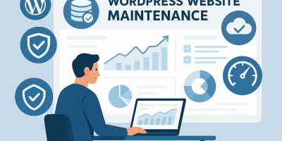 Illustration showing essential WordPress maintenance tasks including plugin updates, database cleanup, security scans, cloud backups, and performance monitoring on a modern website dashboard.